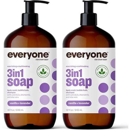Everyone 3-in-1 Soap, Body Wash, Bubble Bath, Shampoo, 32 Ounce, Vanilla and Lavender, Coconut Cleanser with Plant Extracts and Pure Essential Oils (Pack of 2)