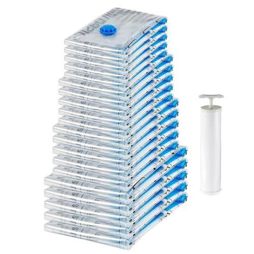 Amazon Basics Vacuum Compression Space Saving Storage Bags with Hand Pump for Travel, Multiple Sizes for Clothes and Blankets, Clear, 20 Pack (5 Small, 5 Medium, 5 Large & 5 Jumbo)