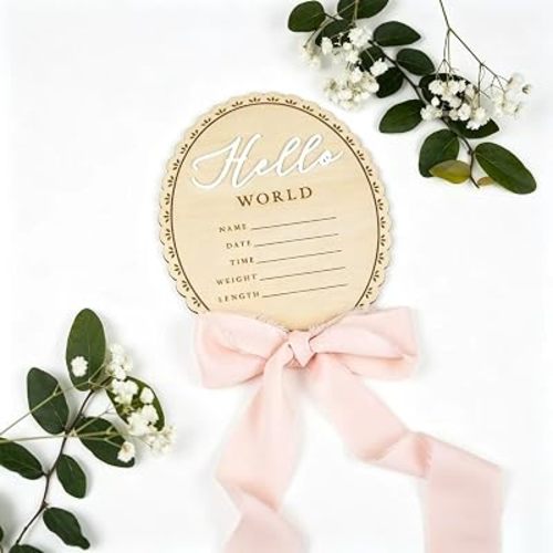 Baby Announcement Sign 6.5 Inch Wooden Hello World Newborn Welcome Sign, Pink Birth Name Plaque for Baby Photo Props, Newborn Hospital Shower Nursery Decor, Baby Girl Arrival Milestone Board