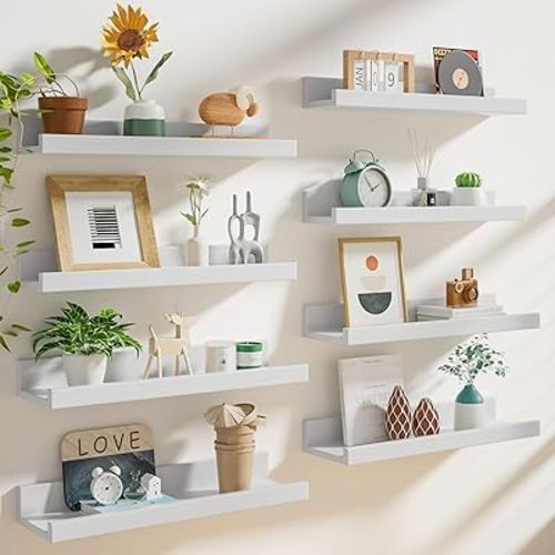 Heimlove 16 Inch Picture Ledge Shelf with Lip Set of 8,White Floating Shelves for Wall,Wall Shelves in Varying Depths for Living Room Bedroom Bookshelf Photo Frames Nursery Book Shelves for Storage
