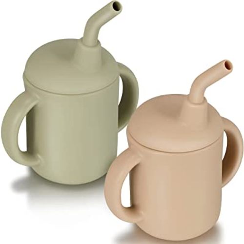 2 Pieces Toddler Cups Silicone Training Sippy Cups with Straw Lid and Non Slip Handles Spill Proof Trainer Cup Transition Cup for Baby Toddler Infant (Neutral Colors)