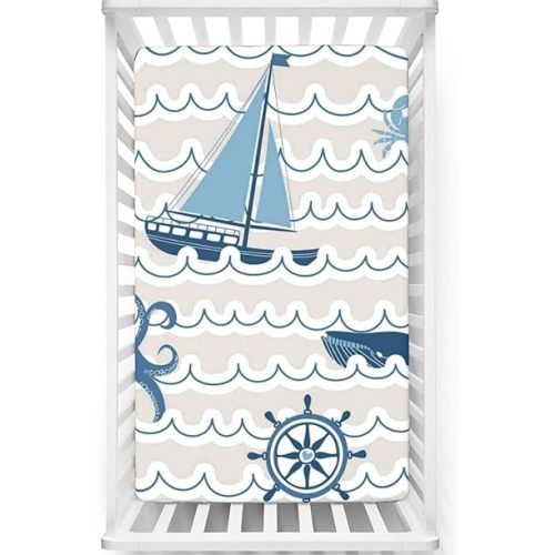 Nautical Themed Fitted Crib Sheet,Soft and Breathable Bed Sheets - Crib Mattress Sheet or Toddler Bed Sheet,White Beige Blue,52“ x28“