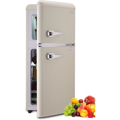 KRIB BLING Refrigerator with Freezer Retro 3.5 Cu.Ft with 7 Level Adjustable Thermostat Control 2 Door Energy Saving Top-Freezer Compact Refrigerator Cream