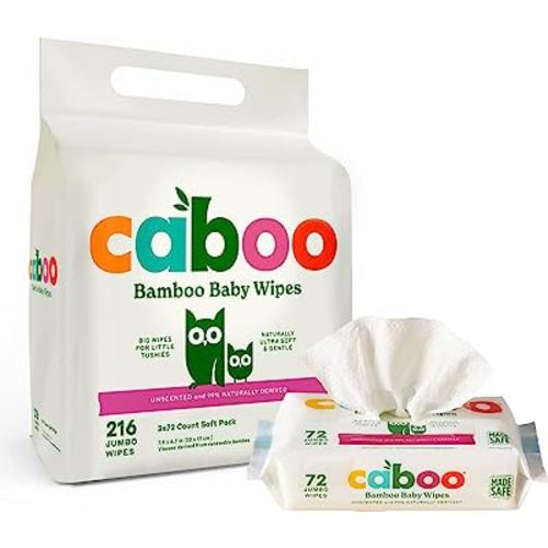 Caboo Baby Wipes, 216 Count, Unscented, Eco-Friendly, Made with Bamboo Viscose, Free from Harsh Chemicals, Plant-Based, Sensitive Skin Formula, BRC, FSC, FDA and ISO Accredited