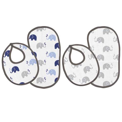 Bacati - Muslin 4 pack Bibs/Burp Cloths Elephants Blue Navy Gray