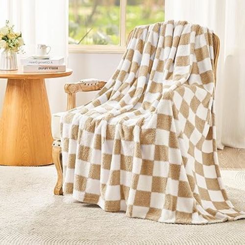 EMME Checkered Blanket Throw - 50"x60" Beige Knit Blanket Soft Fluffy Patterned Throw Blankets for Couch, Sofa, Chair, Bed, Camping, Picnic, Travel