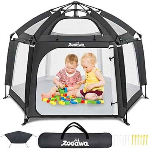 Zooawa Pop Up Playpen for Baby, Portable Playpen for Babies and Toddlers with Removable Sun-Shades& 2 Side UV Covers, Lightweight Outdoor Baby Play-Pen for Beach Home with Travel Bag, Black