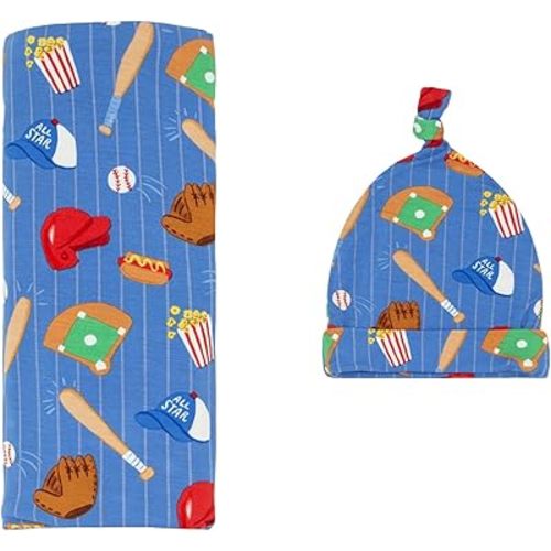 Little Sleepies Swaddle & Hat Set, Baby Swaddles Newborns, Soft Viscose from Bamboo Swaddle Blanket Wrap (Blue All Stars)