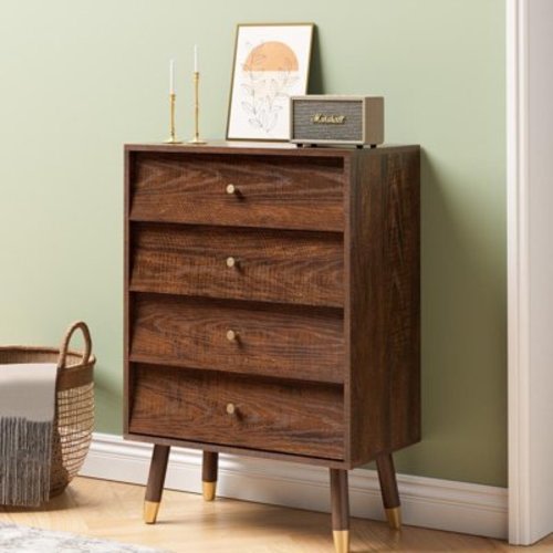 Eclife 24" Solid Wood 4-Drawer Dressers Walnut Espresso Tall Cabinet for Bedroom