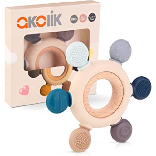 akolik Baby Teething Toys for Babies 0-6 6-12 Months Rudder Teether BPA Free with Wooden Ring Silicone Chewable Teether Help with Teething Pain Relief (Helm A)