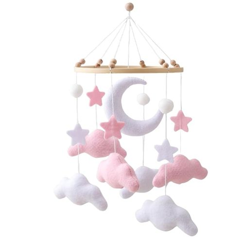 Gray Pink White Cloud Moon Themed Nursery Mobile,Crib Mobile for Baby Boys Girls,Handmade Baby Mobile,Adjustable Cotton Felt Soft Ceiling Mobile,Baby Shower Gifts for New Moms (Pink)