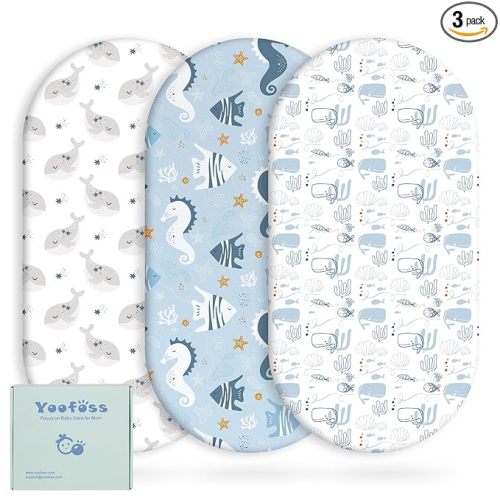Yoofoss Bassinet Sheets for Baby,3-Pack Fitted Bassinet Sheets Set Compatible with Halo Bassinest Swivel Sleeper,Baby Delight,Angelbliss,Soft Breathable Bassinet Mattress Sheets (Blue+Seahorse)