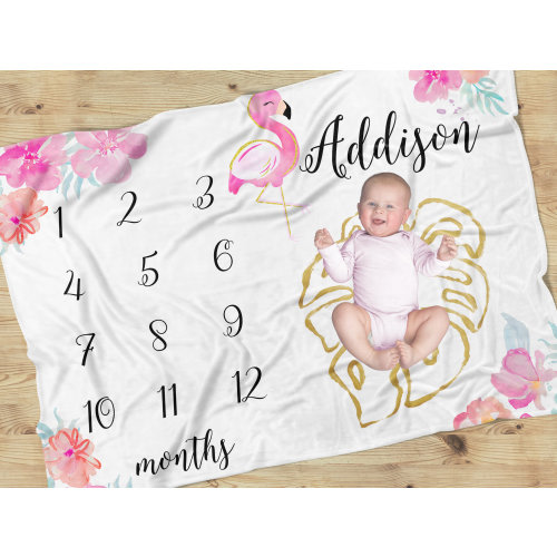 Tropical Floral Flamingo Milestone Blanket for Baby Girl, Months, Personalized with Name, Baby Photo Prop, Hot Pink, Teal, Nursery Decor