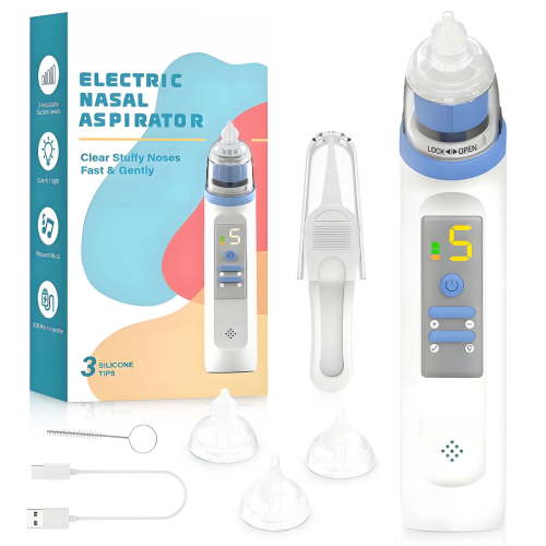 Rirool Electric Nasal Aspirator for Babies - 5-Level Suction, Music & LED Light, USB Rechargeable, 3 Silicone Tips, Quiet & Easy to Clean, BPA-Free, Ideal for Infants & Toddlers