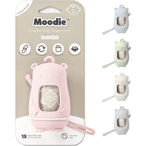 Teddy Bear Diaper Bag Dispenser | Diaper Trash Bags on the Go Dispenser w/Silicon Strap | 15 UNSCENTED Baby Poop Bags per Roll | Dirty Diaper Bags Disposable | Diaper Waste Bags (ROSIE PINK)