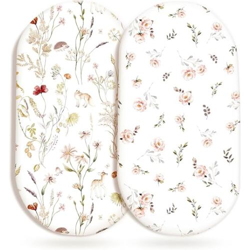 GRSSDER Ultra Soft Bassinet Sheets 2 Pack, Stretchy Breathable Knit Bassinet Mattress Sheets for Baby, Universal Fitted Baby Cradle Moses Basket Oval Rectangle Pads Safe and Snug, Stylish Flora