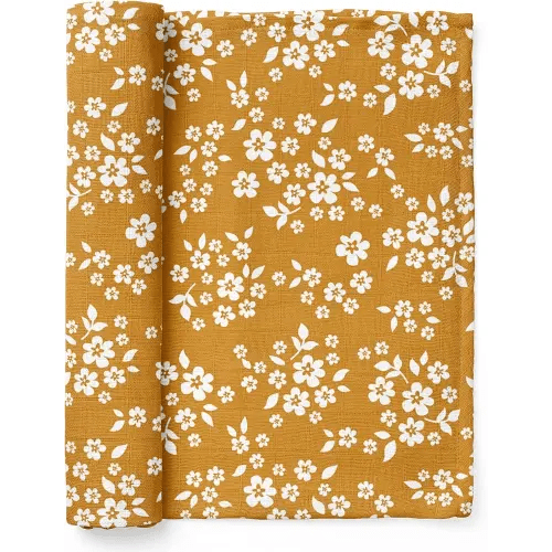 Muslin Swaddle Blanket – Whimsy Floral (Mustard) Floral Baby Blanket Wrap Cute Infant Newborn Essential Cotton Swaddle, Trendy Receiving Blankets, Great Shower Gift for Girls