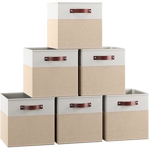 Ornavo Home 13 x 13 Storage Cube Bins, Foldable Collapsible Fabric Storage Bins Box Linen Shelf Basket Cube Organizer for Closet with Leather Handles, 6 Pack, White/Khaki