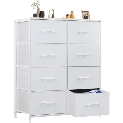 Sweetcrispy Dresser for Bedroom, Chest Organizer Unit with 8 Fabric Bins, Fabric Storage Tower, Drawer Organizer with Steel Frame, Wooden Top for Living Room, Closet