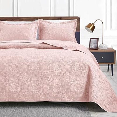 Love's cabin Quilts for Queen Bed Pink Bedspreads - Soft Bed Summer Quilt Lightweight Microfiber Bedspread- Modern Style Coin Coverlet for All Season - 3 Piece (1 Quilt, 2 Pillow Shams)