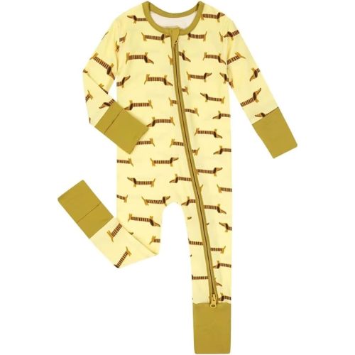 Teach Leanbh Unisex Baby Bamboo Viscose Pajamas with Mittens and Feet Cuffs 2 Way Zipper Long Sleeve Romper Sleep and Play - Dog - 0-3 Months