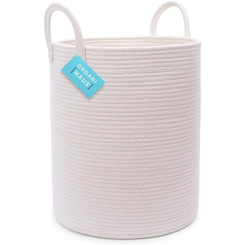 OrganiHaus White Laundry Basket 15x18, Cotton Rope Basket for Blankets, Tall Woven Baskets for Storage, Large Basket for Toys, Soft Blanket Holder Bin, Boho Blanket Basket for Living Room