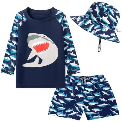 Toddlers Baby Boys' 3-Piece Rashguard Sets Bathing Suit Swimsuits with Hat Surfing Swimwear UPF 50+