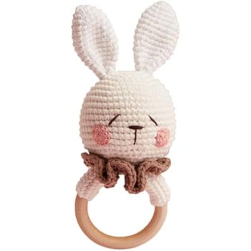 Chippi & Co Crochet Baby Rattle, Crochet Baby Toys, Stuffed Baby Doll, Organic Wooden Newborn Toys, Knitted Stuffed Animals for Babies Girl, Baby Shower, Birthday Gifts (Ruffles The Sleepyhead Bunny)