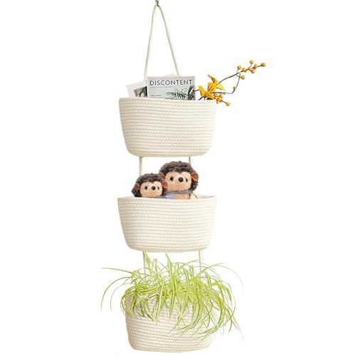 AARAINBOW Wall Hanging Cotton Baskets, Large 3 Tier Decorative Basket for Wall, Nursery, Bathroom, Boho Organizing (B-White)