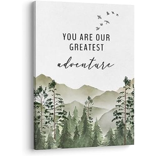 XWELLDAN You are Our Greatest Adventure Woodland Nursery Inspirational Wall Art Canvas Prints,Watercolor Forest Mountain Adventure Wall Art Decor for Kids Baby Bedroom Nursery, 11 x 14 Inch, Framed