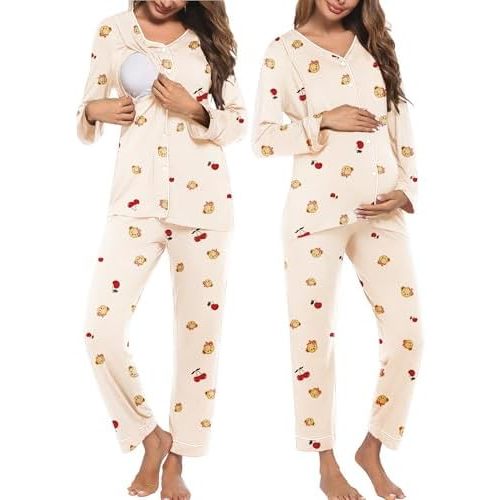 Ekouaer Maternity Pajama Set Button Down Nursing Pajamas Long Sleeve Breastfeeding Loungewear with Adjustable Pants
