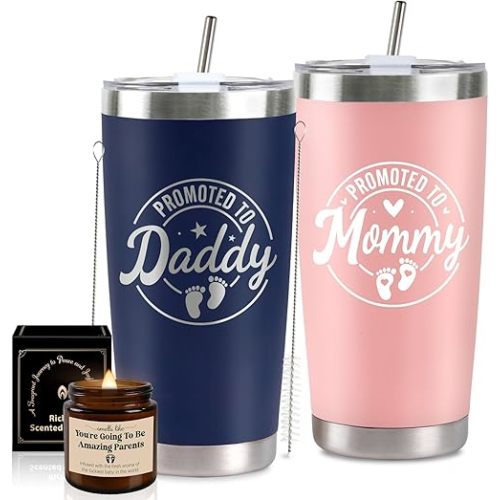 Pregnancy Gifts for New Parents, Mommy and Daddy 20Oz Tumbler Set, Cool Gifts Set Ideas for Couples,First Time Moms Dad to Be, New Parents on Mother's Day Father's Day Baby Shower(Pink & Navy Blue)