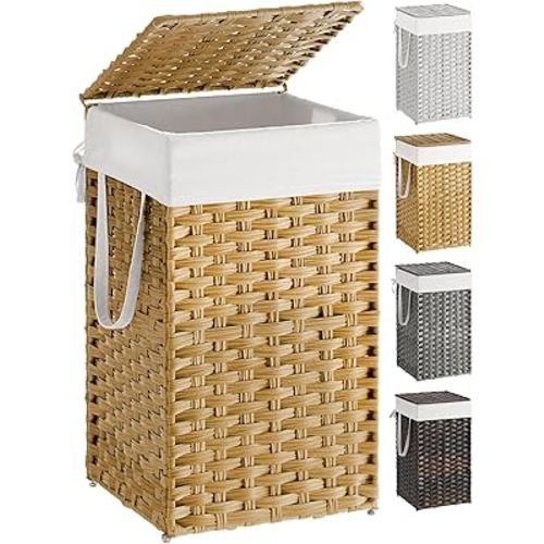 SONGMICS Laundry Hamper with Lid, 17.2 Gallon (65 L) Synthetic Rattan Clothes Laundry Basket with Lid and Handles, Foldable, Removable Liner, Goose Yellow ULCB165N01