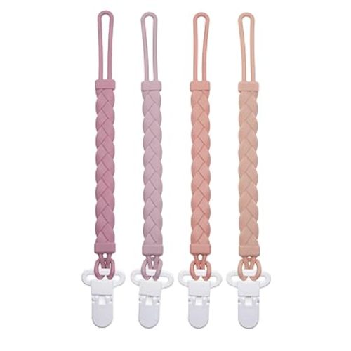 Silicone Pacifier Clips Baby Boys Girls, 4-Pack Flexible Woven Rope Braided Pacifier Clip Holder for Teething Relief and Baby Essentials, Newborn Paci Binky Clips (Girl's Color)