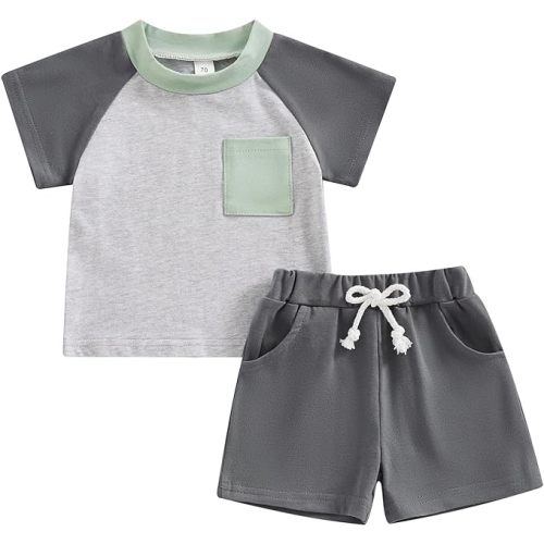 fhutpw Baby Toddler Boy Clothes Summer Outfits 6 12 18 24 Months Patchwork Short Sleeve T Shirt & Shorts Sets with Pockets