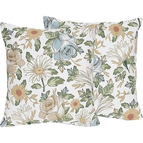 Sweet Jojo Designs Vintage Floral Blue Yellow Decorative Accent Throw Pillows - Set of 2 - Slate Green Gold Orange Taupe Beige White Shabby Chic Rose Flower Boho Bohemian Farmhouse Roses Wildflower