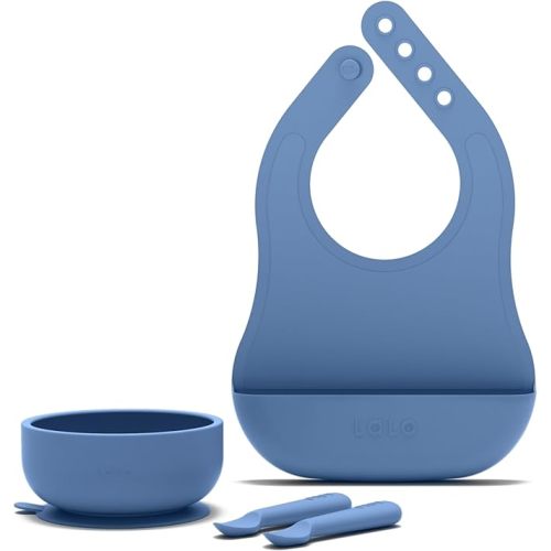 Lalo First Bites Silicone Baby Feeding Set - Baby Led Weaning Supplies - Non-Toxic Silicone - Includes 1 Bib, 2 Spoons, Training Cup, Suction Plate and Bowl - 6 Pieces - Blueberry