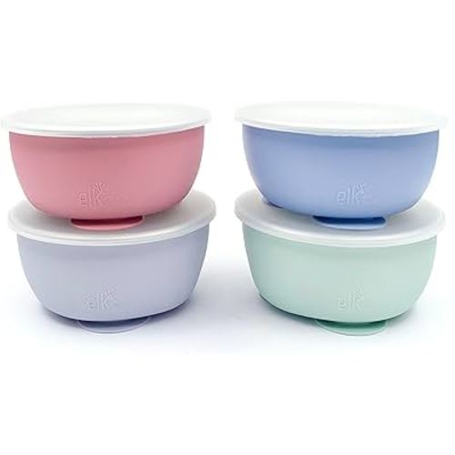 Elk and Friends Stainless Steel Bowls with Silicone Sleeve for Babies & Toddlers | Lids Included | Stay Put Suction | Cereal & Snack Bowls | 3 Pack