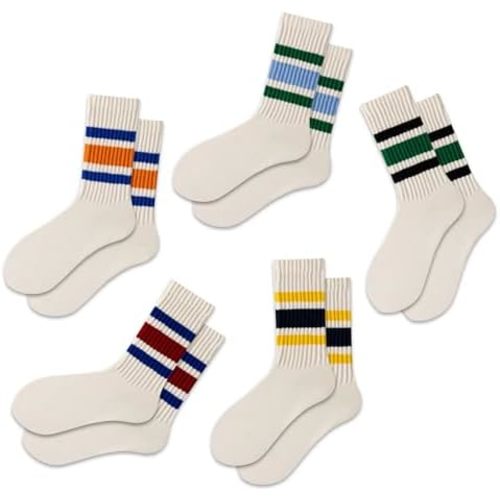 DarkCom Retro Striped Crew Socks 5 Pairs with Seamless Toe for Men and Women, Slouch Scrunch Casual Comfort