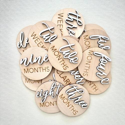 3D Wooden Monthly Milestone Discs For Baby Photos , Baby Milestone Cards , Newborn Milestone Hello World , Custom Newborn Photography Prop