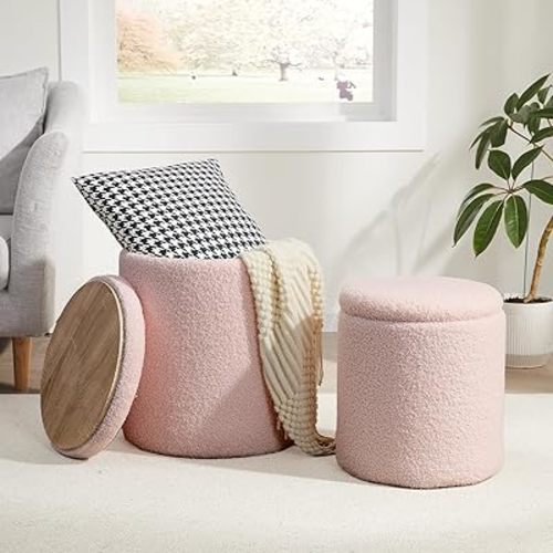 Royal Windsor Boucle Round Ottoman with Storage Set of 2,Small Foot Stool Ottoman for Living Room, Small Coffee Table,Vanity Stool with Storage for Bedroom, Pink