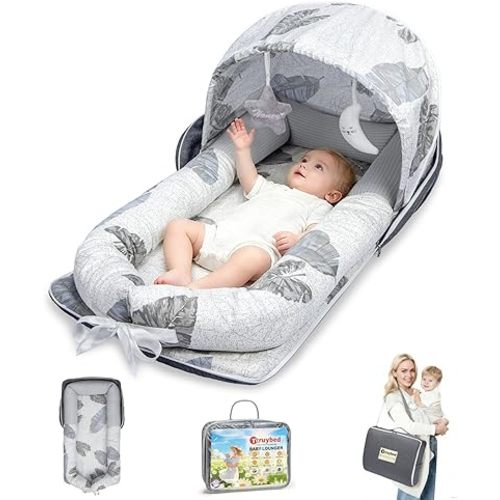 Baby Lounger, Portable Foldable Travel Lounger for Newborn 0-12 Month, Washable Lightweight Infant Nest with Canopy, Soft Breathable Baby Nest with Adorable Pattern, Home & Outdoor Use