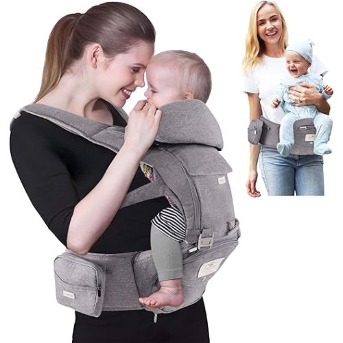 FRUITEAM Baby Carrier Newborn to Toddler, Safety-Certified Baby Carrier with Hip Seat, Ergonomic 6-in-1 Baby Carrier with Head Support, Adjustable & Removable Baby Holder for All Seasons, Dark Grey