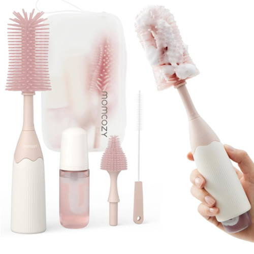 Momcozy Bottle Brush Kit, Innovative Push-Press Design for Better Cleaning - Baby Bottle Cleaner Brush for Baby Bottle, Breast Pumps, Nipples, and More - Can Generate Foam for Better Cleaning, Pink