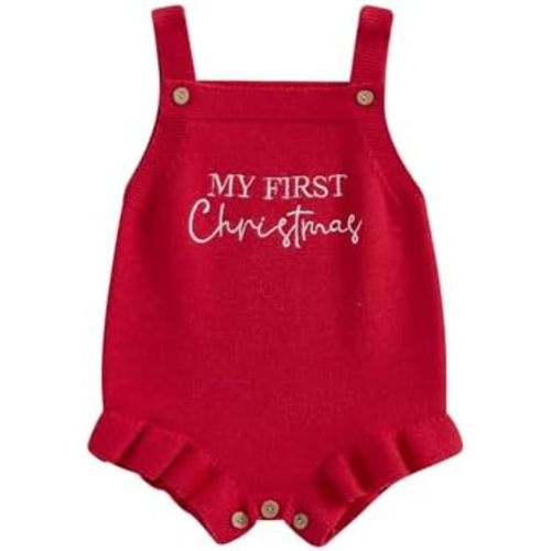 SAYOO My First Christmas Knitted Romper Sleeveless Letter Embroidery Bodysuit Romper Newborn Xmas Jumpsuit