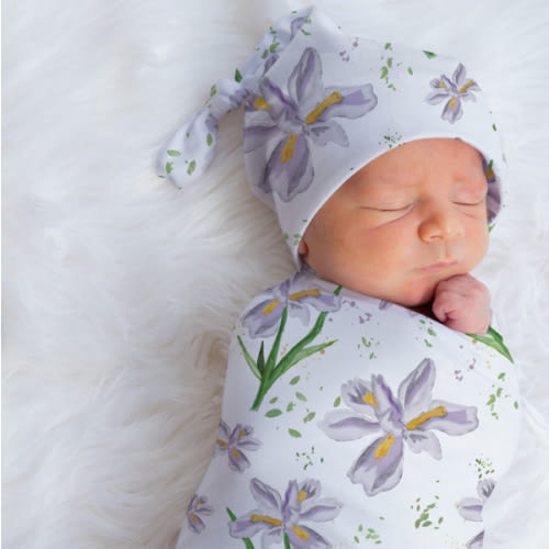 Charleston Iris (Original Art by Shop Owner) Organic Swaddle Blanket + Knotted Beanie Hat Or Bow | Watercolor Floral Blanket | Baby Blanket