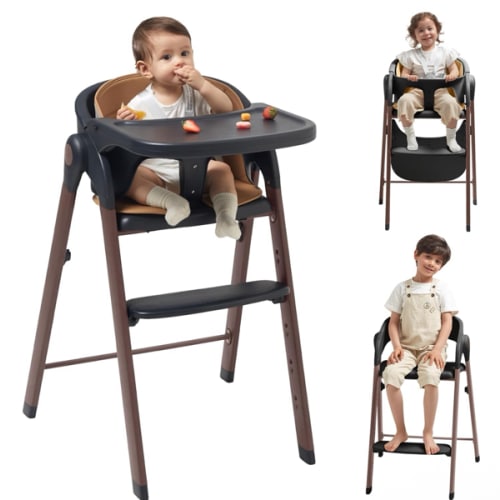 High Chair for Babies and Toddlers Adjustable Foldable Convertible 5 Point Harness Easy Clean Wood-Printed Metal with Removable Tray Baby Highchair for Family (Black&Walnut Wood-Printed Metal)