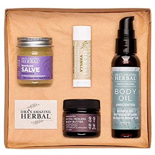 Natural Baby Gift for New Mom and Baby, Travel Size Newborn Salve, Body Oil, Ultra Healing Scent Free Body Butter, Paraben Free Real Vanilla Lip Balm, Ora’s Amazing Herbal