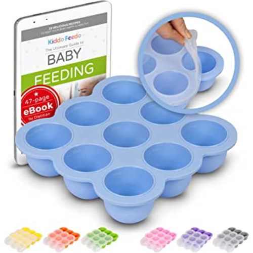 KIDDO FEEDO Freezer Tray with Silicone Clip-on Lid, Making Homemade Baby Food Storage Super Easy - Free E-Book by Award-Winning Author/Dietitian - Blue