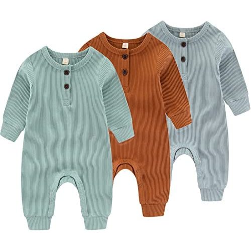 Newborn Baby Boys Girls One Piece Romper With Mitten Cuffs 3 Pack Long Sleeve Ribbed Button Jumpsuit Outfit Clothes